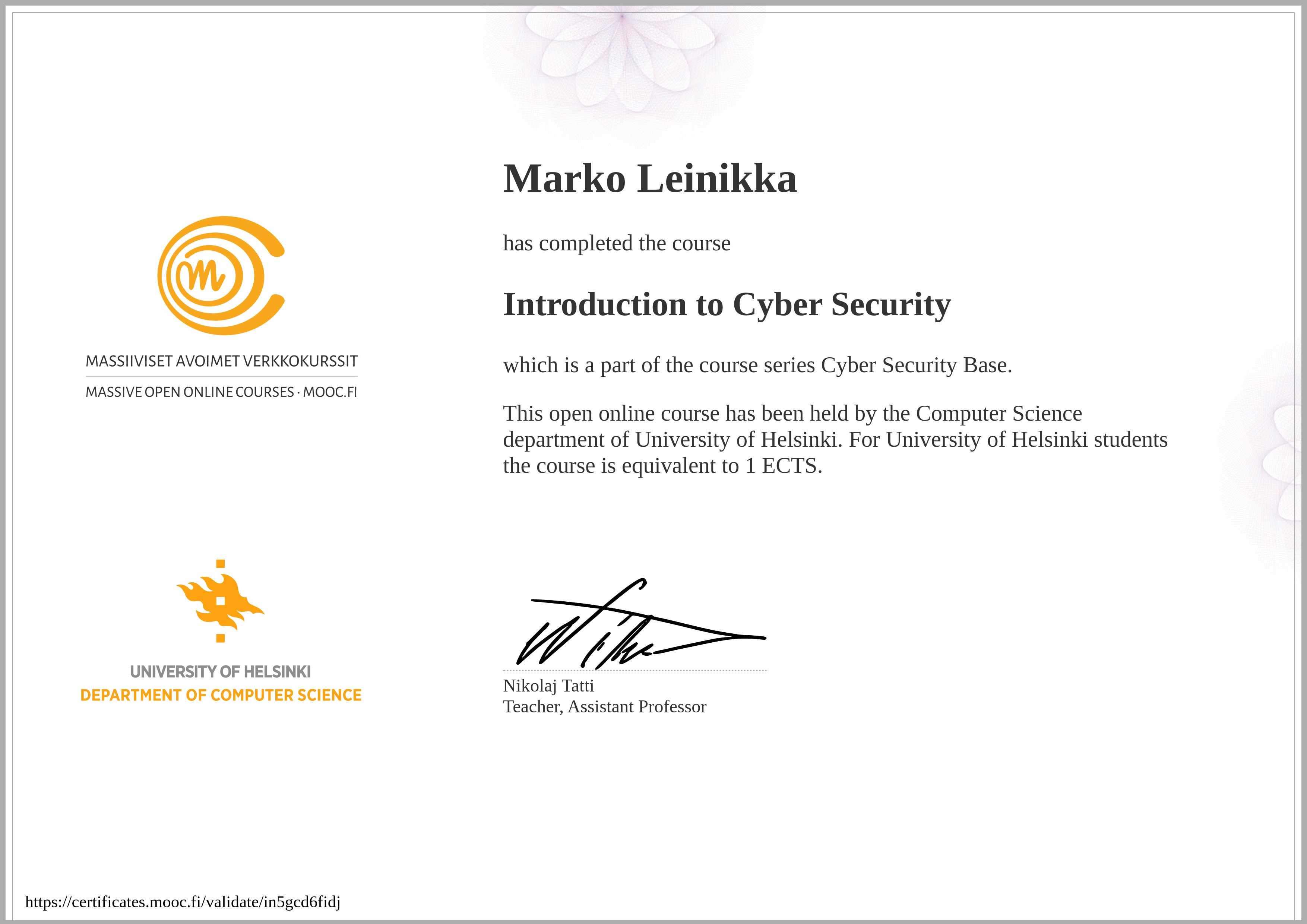 Introduction to Cyber Security course certificate