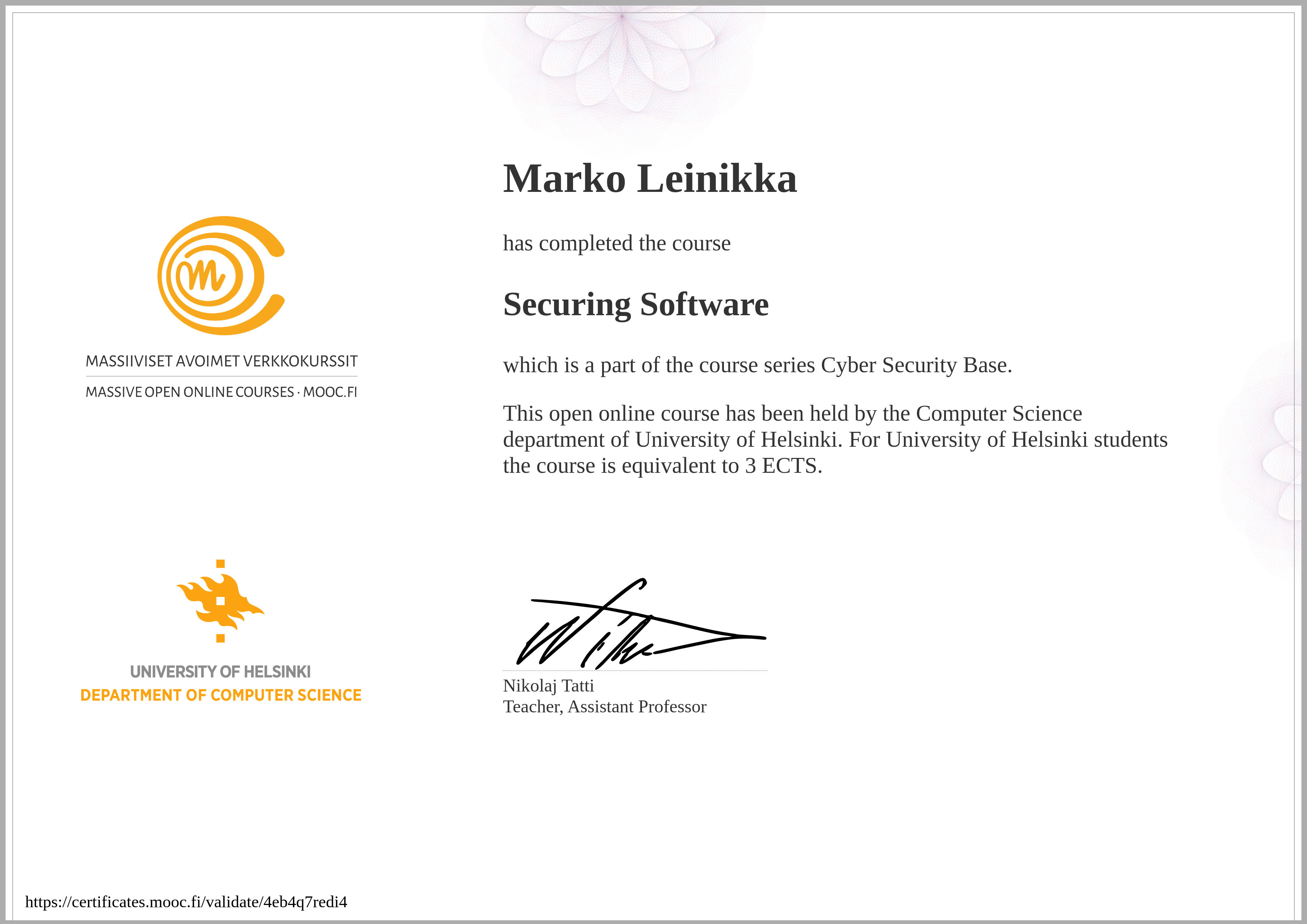 Securing Software course certificate