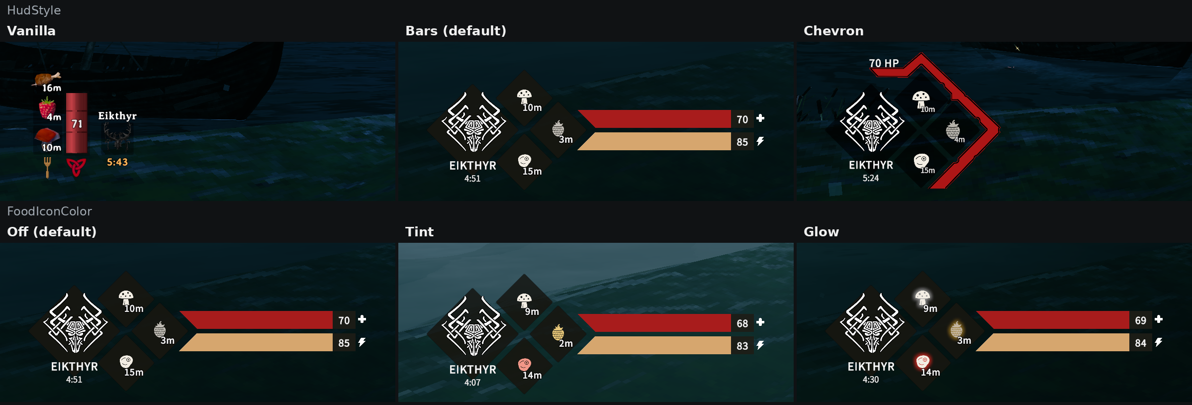 Vanilla HUD, Bars and Chevron styles; food icons with FoodIconColor Off, Tint and Glow
