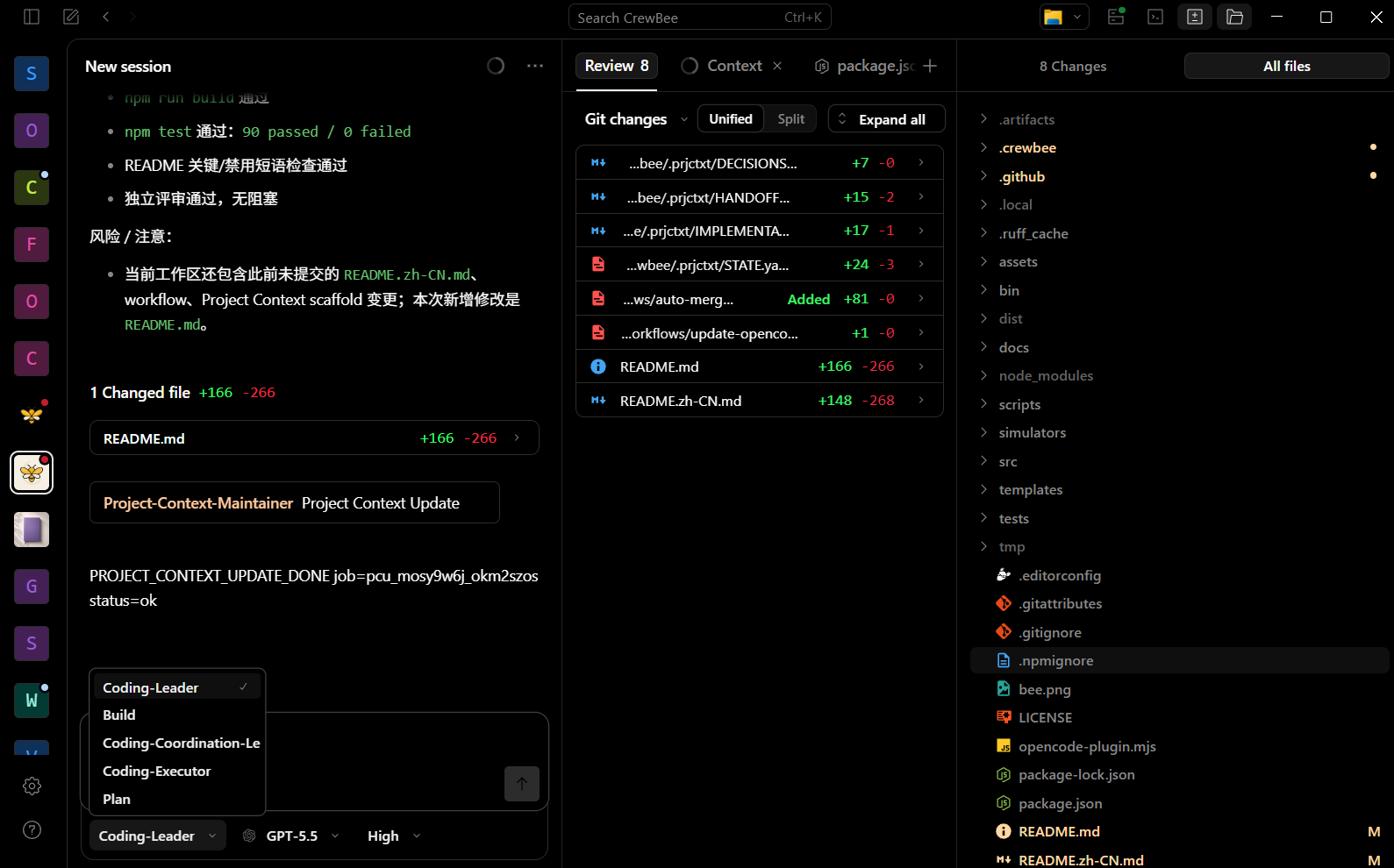 CrewBee running inside OpenCode desktop