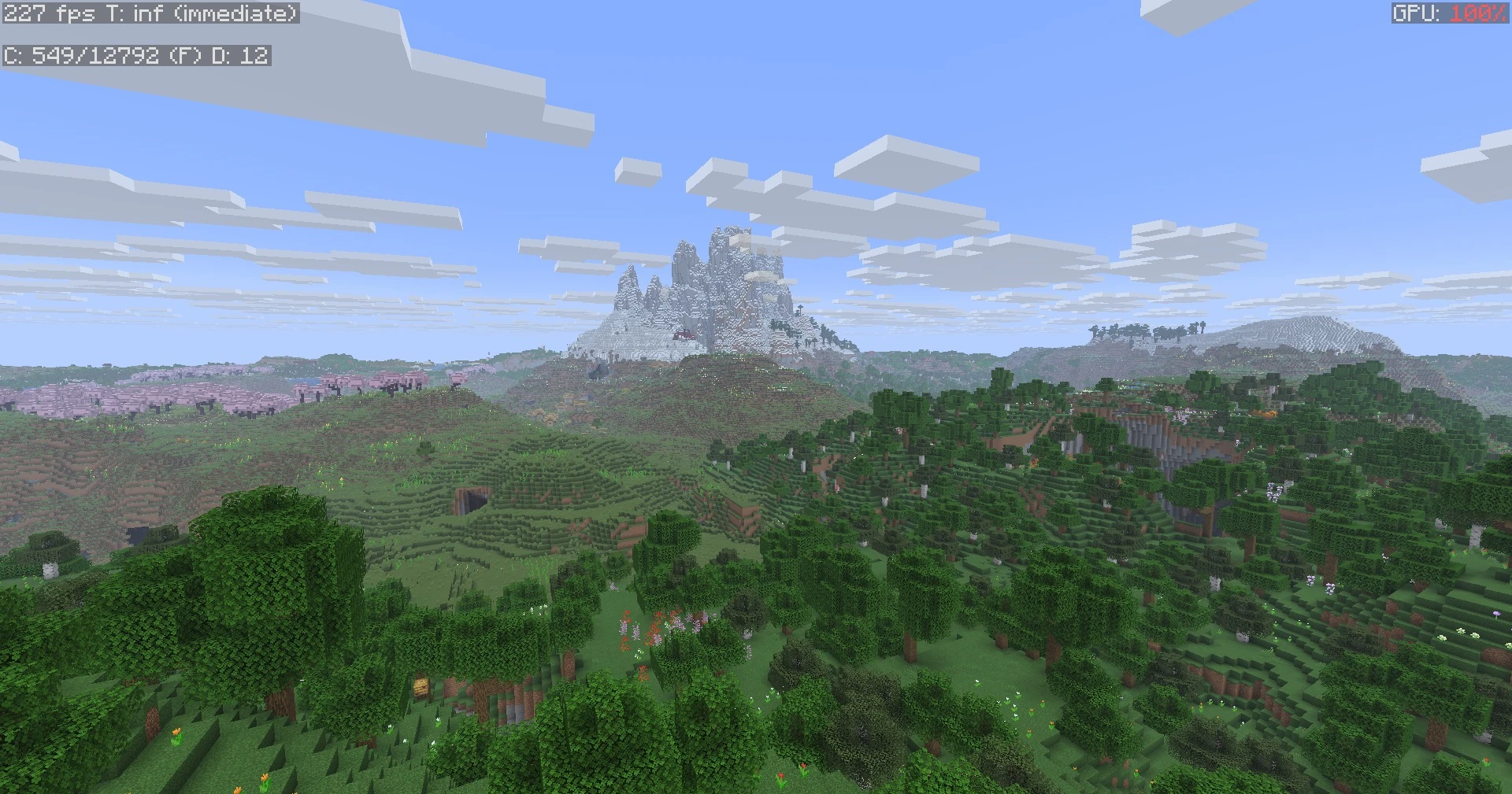 Breakneck at its default 12 chunks with voxy: 227 FPS, showing terrain past 32 chunks