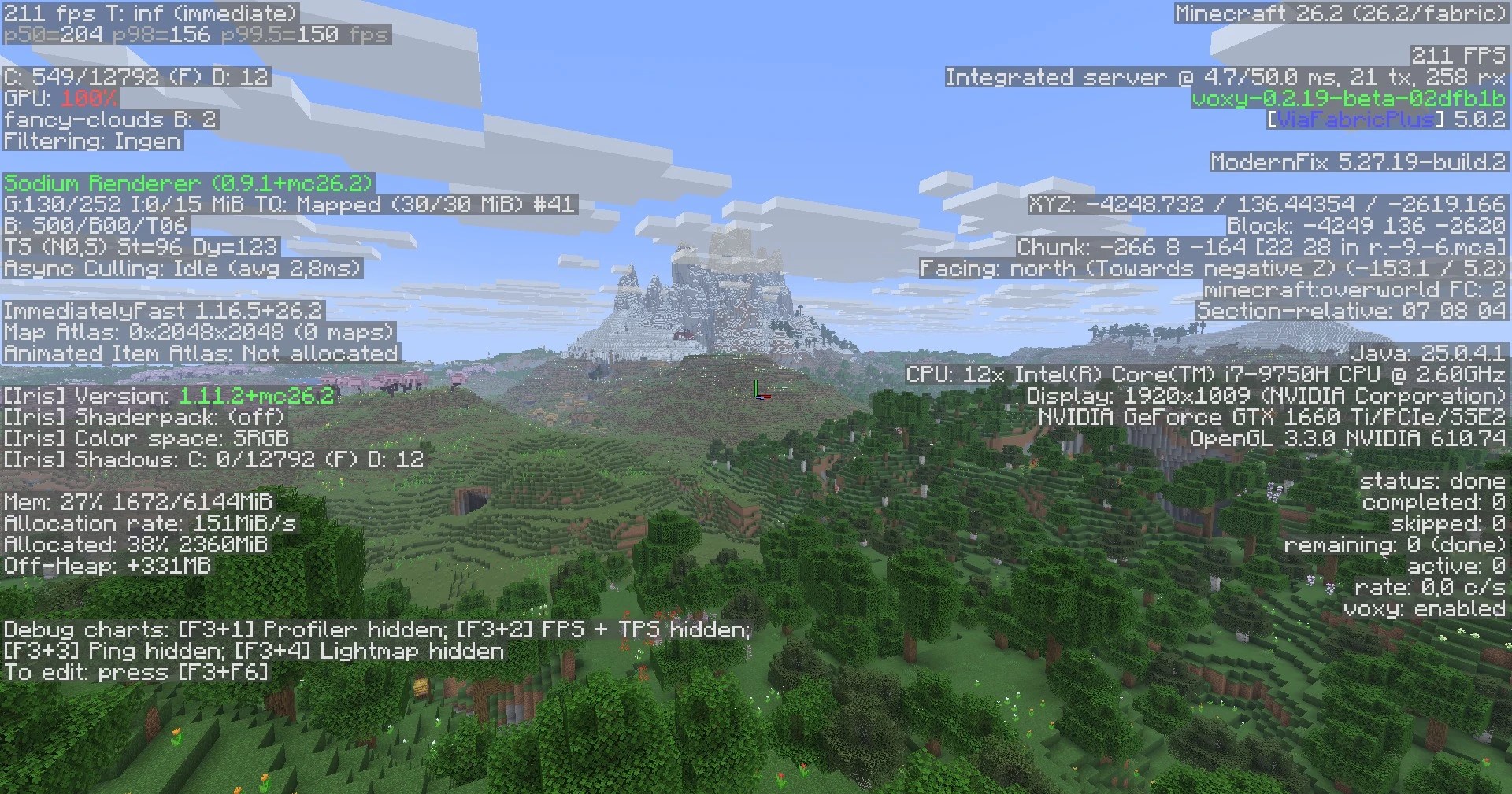 The full F3 screen in Breakneck with voxy on, listing Minecraft 26.2, the mods and the hardware
