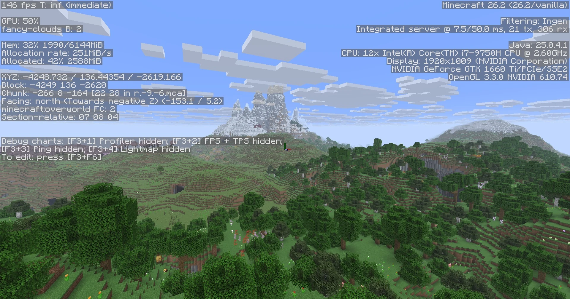 The full F3 screen in vanilla, listing Minecraft 26.2, Java and the hardware