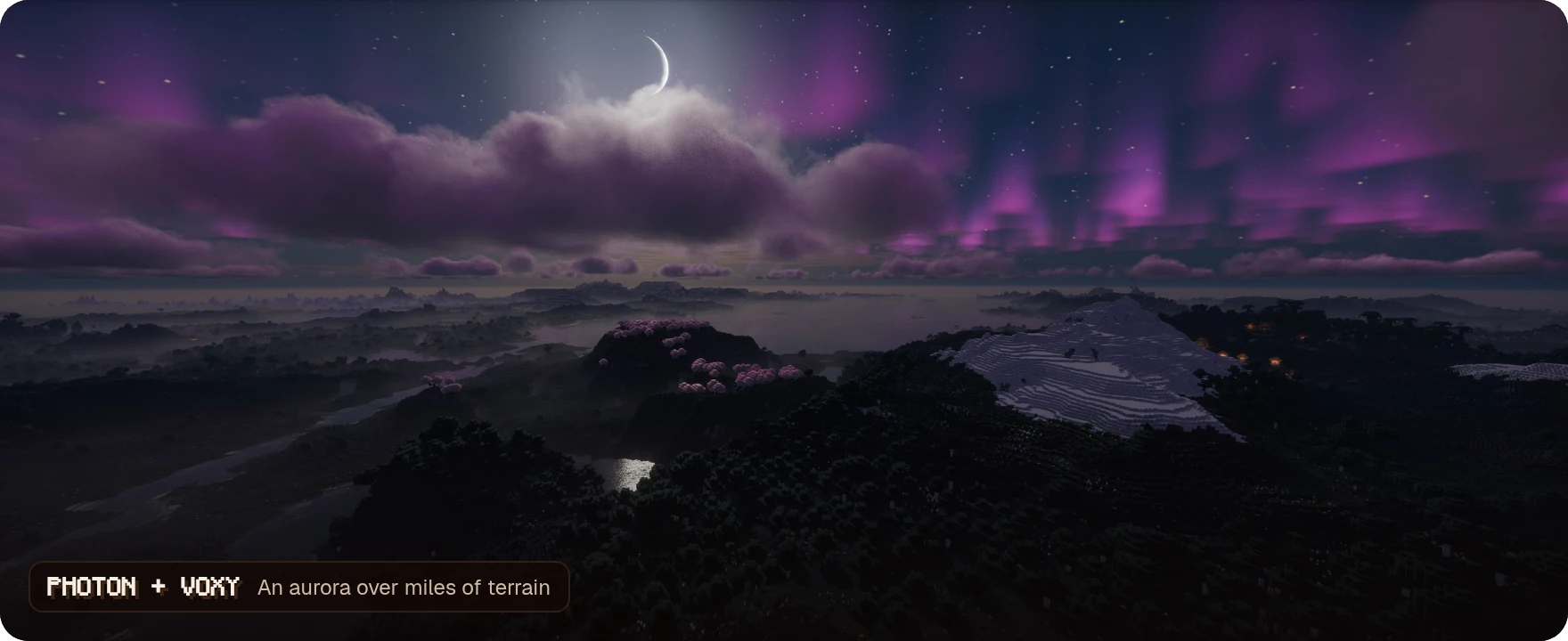 An aurora over miles of terrain, with Photon and voxy