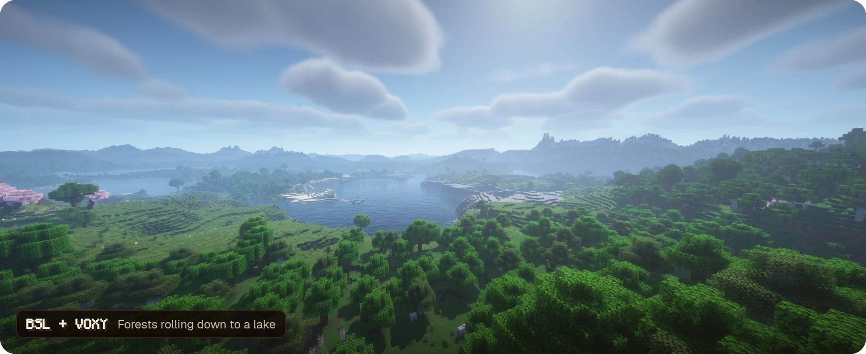Forests rolling down to a lake, with BSL and voxy