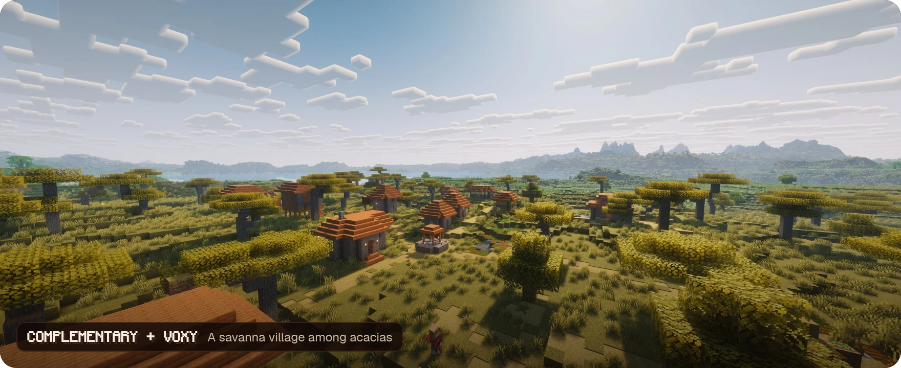A savanna village among acacias, with Complementary Reimagined and voxy