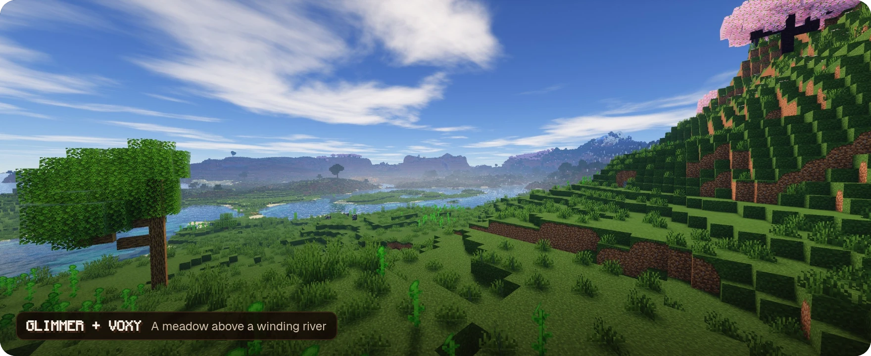 A meadow above a winding river, with Glimmer and voxy