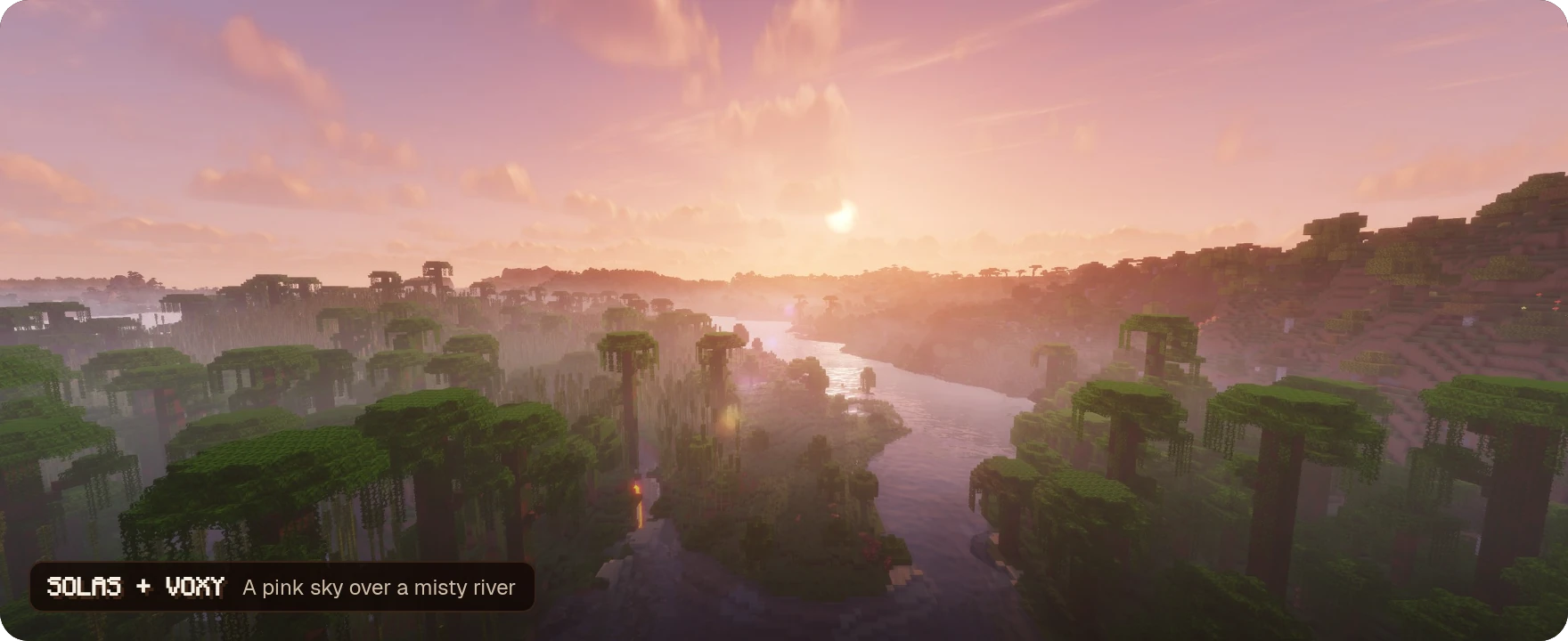 A pink sky over a misty river, with Solas and voxy