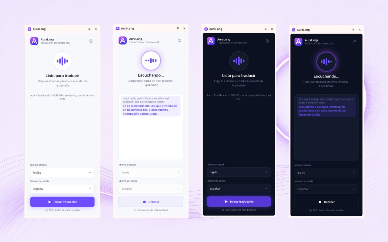 AuraLang side panel — live translation in light and dark mode