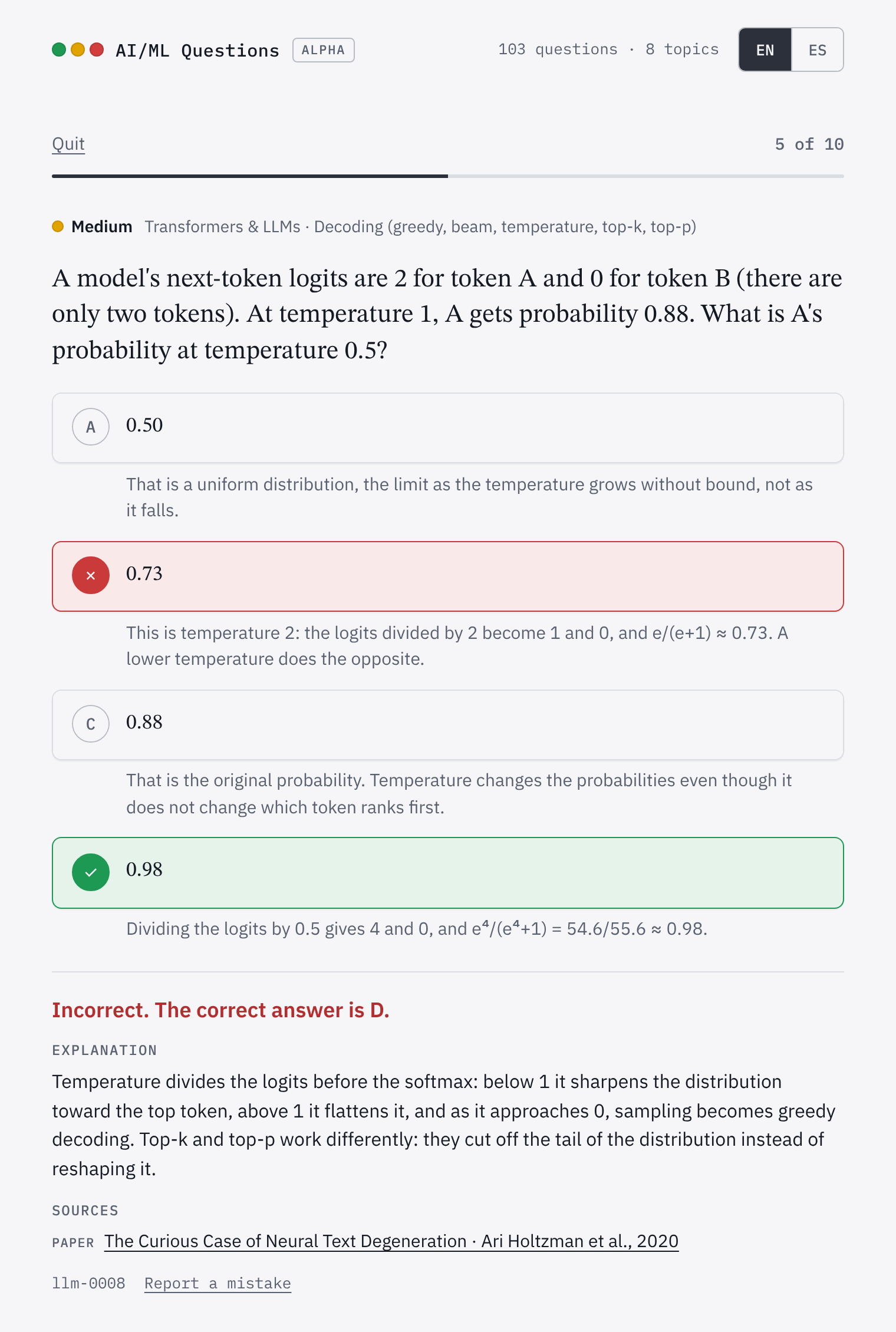 A medium question on sampling temperature, answered in study mode. The chosen option, 0.73, is marked wrong and 0.98 right; under each option a line explains why, followed by the explanation and the source.