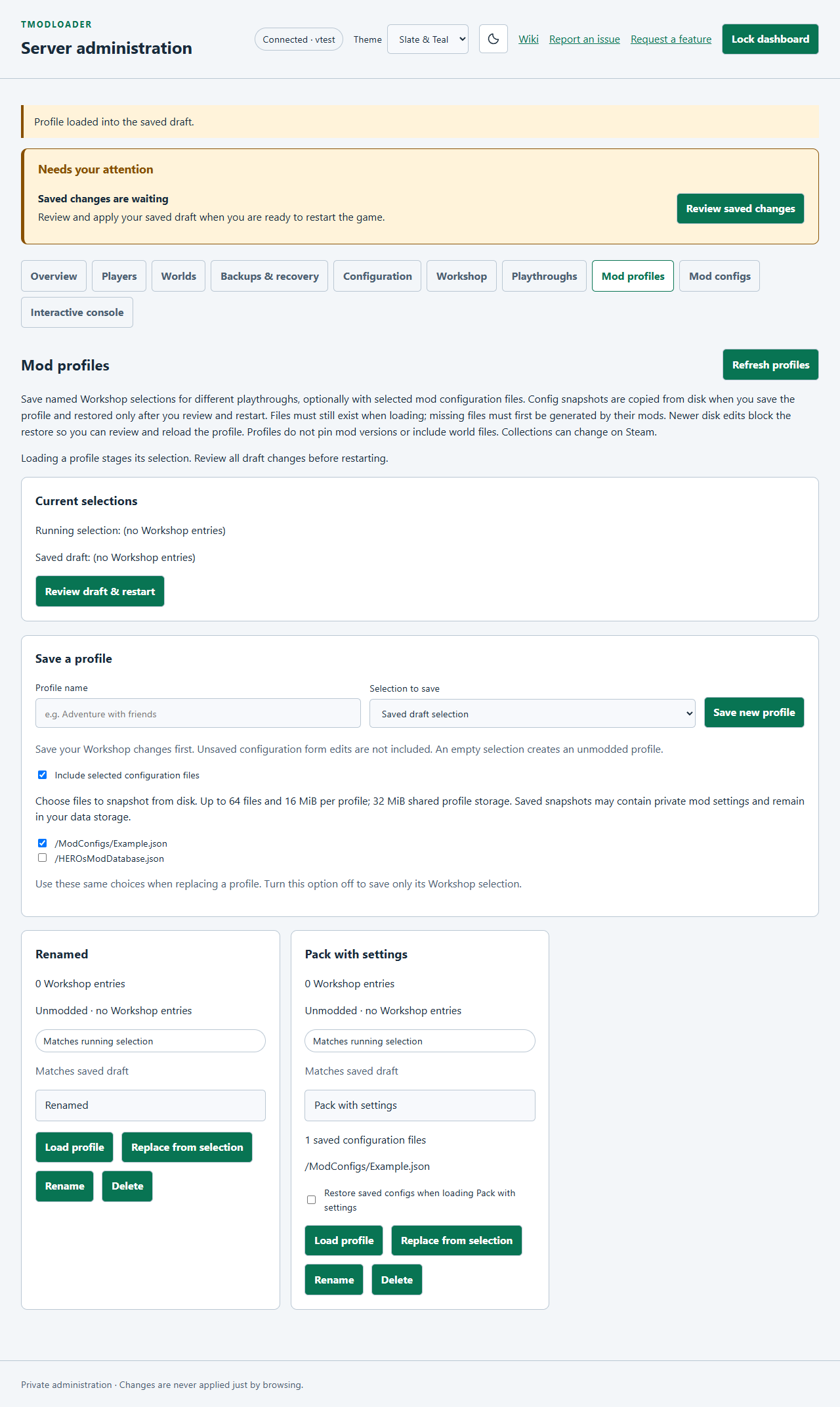 Profile config selection and optional restore