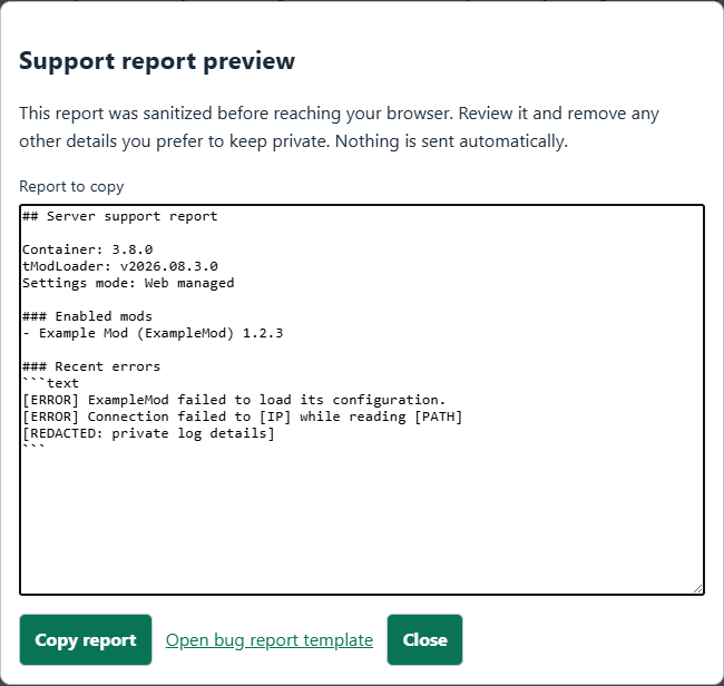 Sanitized support report preview