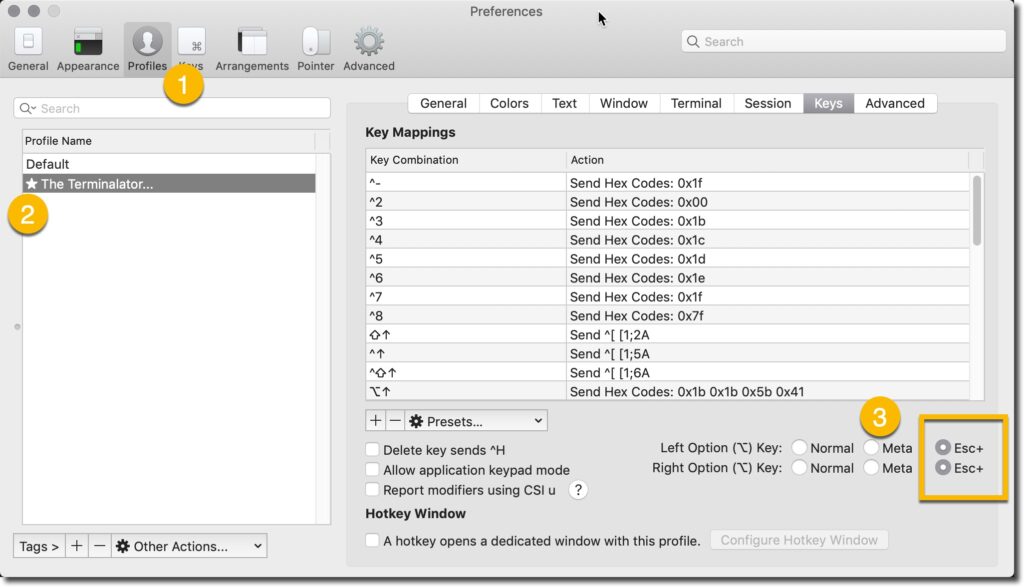 MacOS iTerm2 settings for Alt key