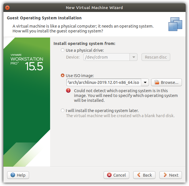 VM for Arch - Select ISO Image