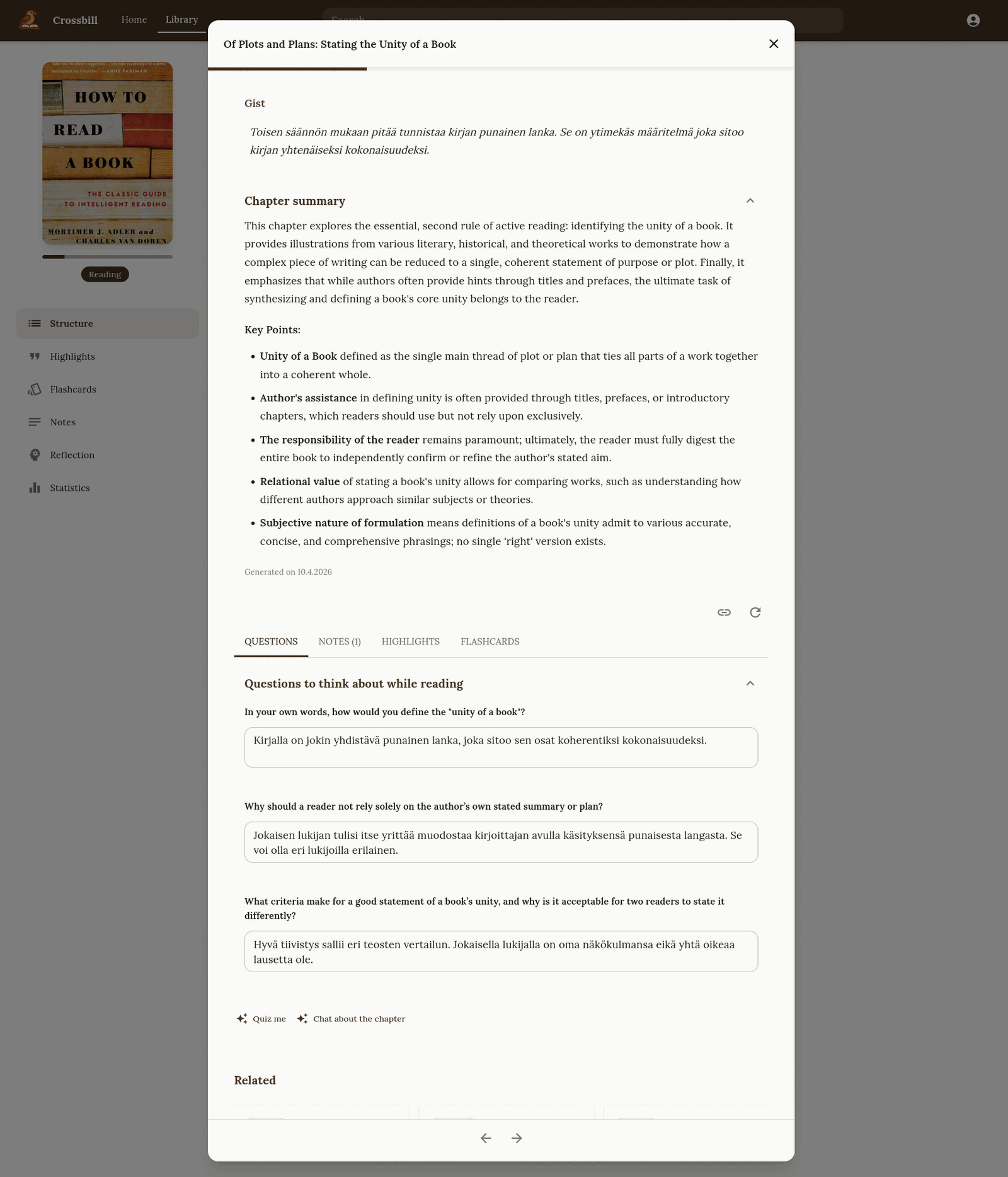 A chapter dialog: a gist, a generated chapter summary with key points, and comprehension questions with the reader's own written answers below each.