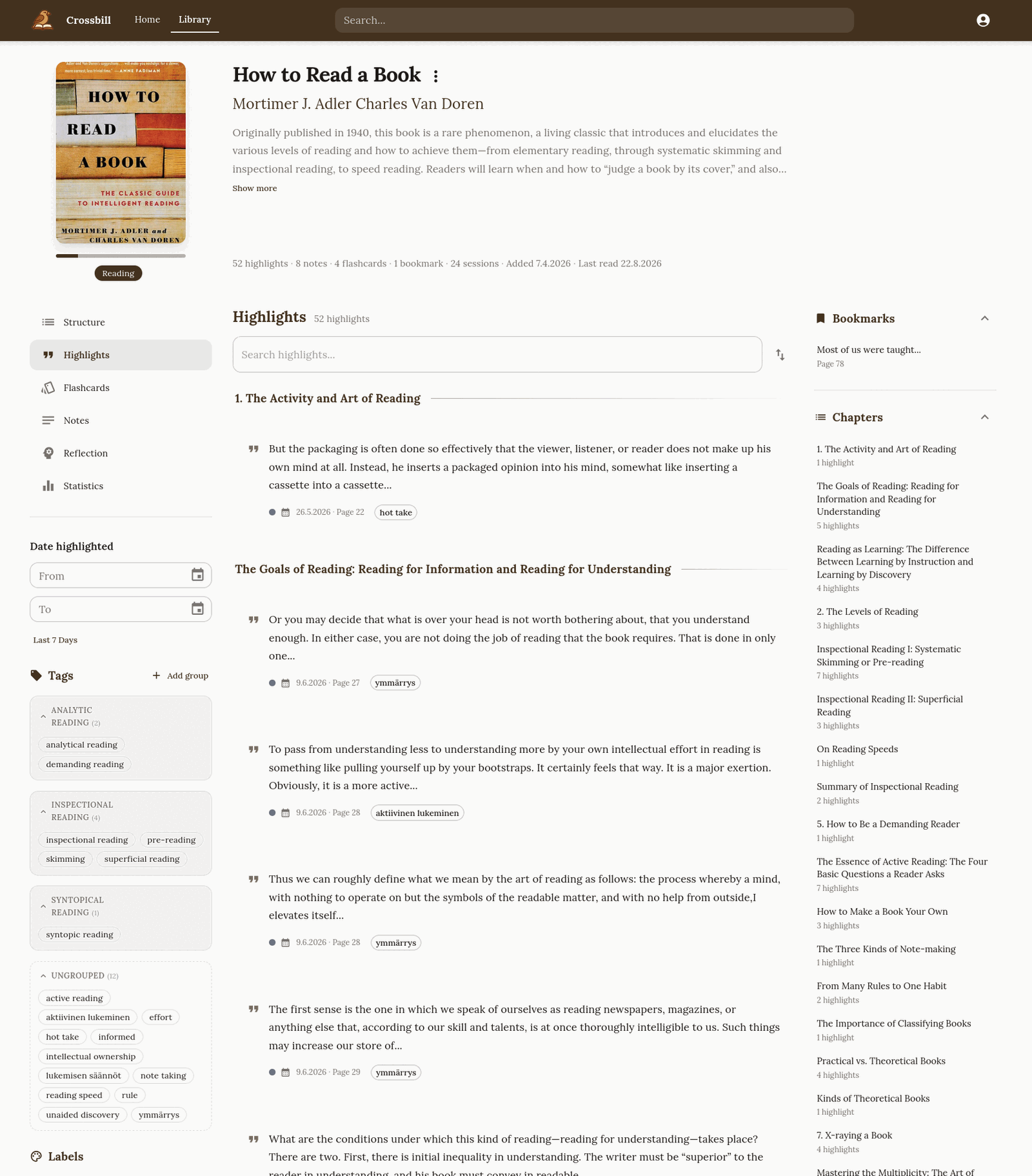 A book's highlights page: highlights grouped under their chapter headings, each with a date, page number and tag, with tag groups in the left sidebar and a chapter list on the right.