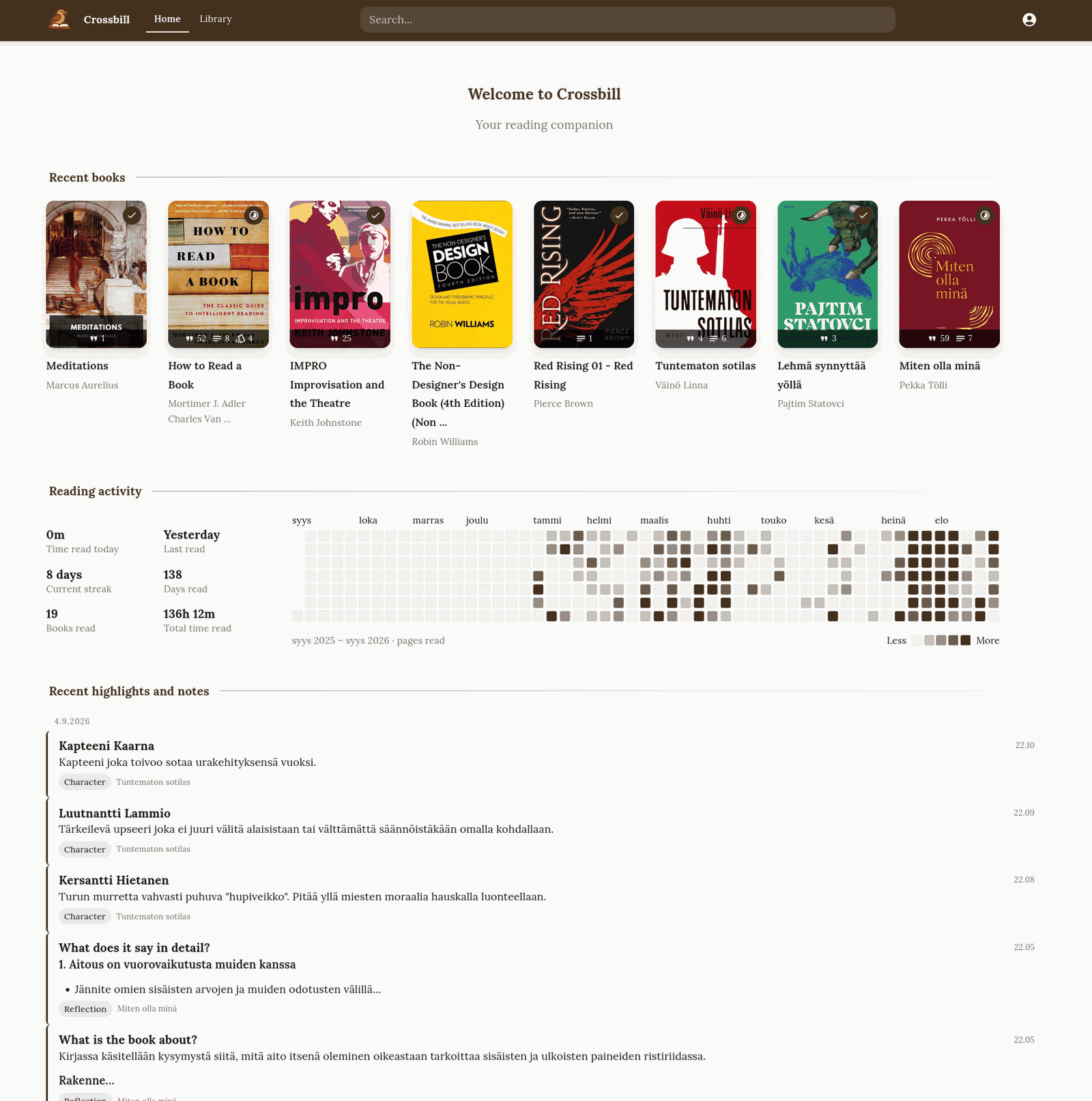 Crossbill's home page: a row of recent book covers, a year of reading activity drawn as a heat map, and a timeline of the newest highlights and notes.