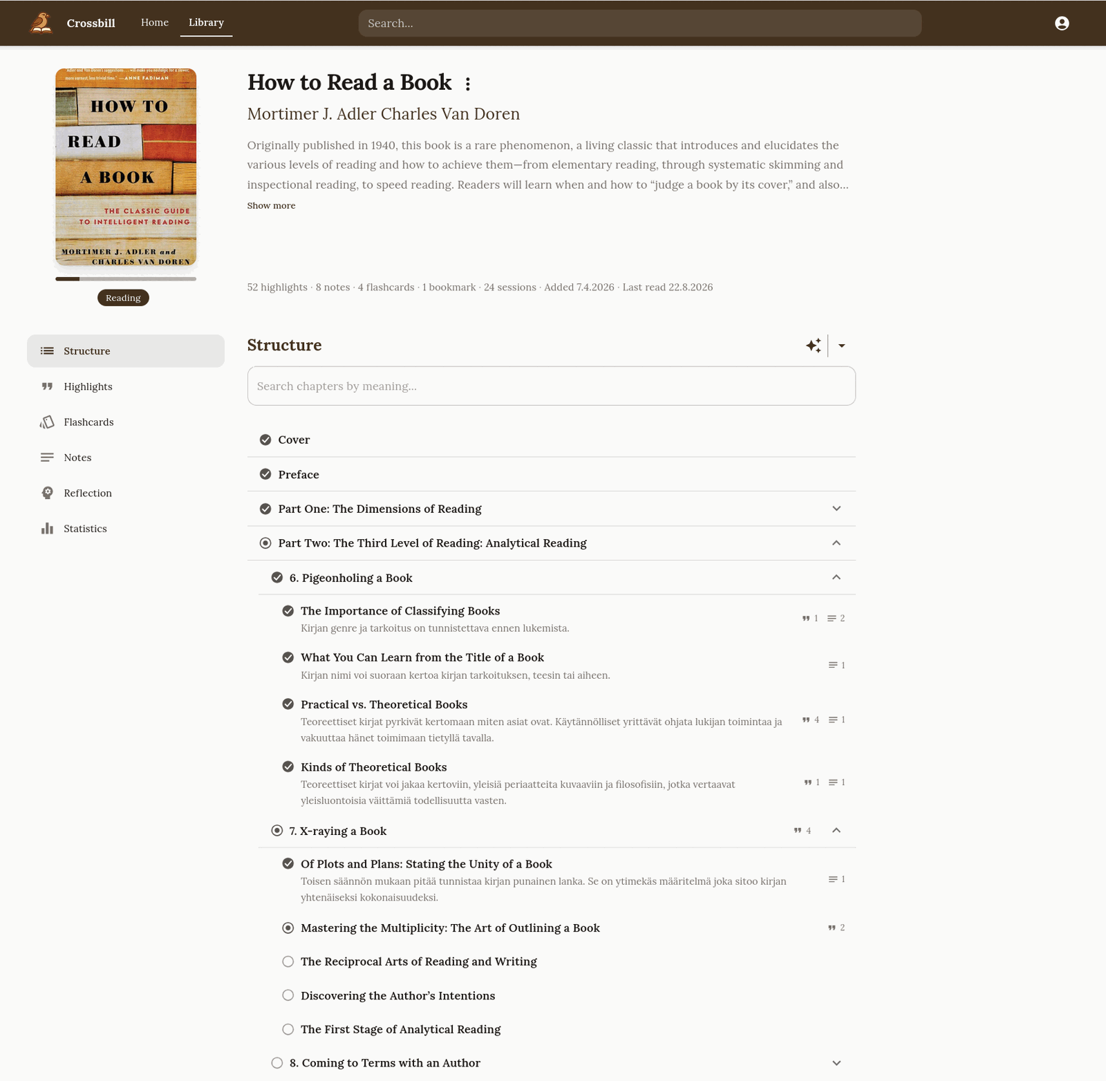 A book's structure page: the table of contents as a nested tree, each chapter marked read, reading or unread, with a one-line gist and counts of its highlights and notes.