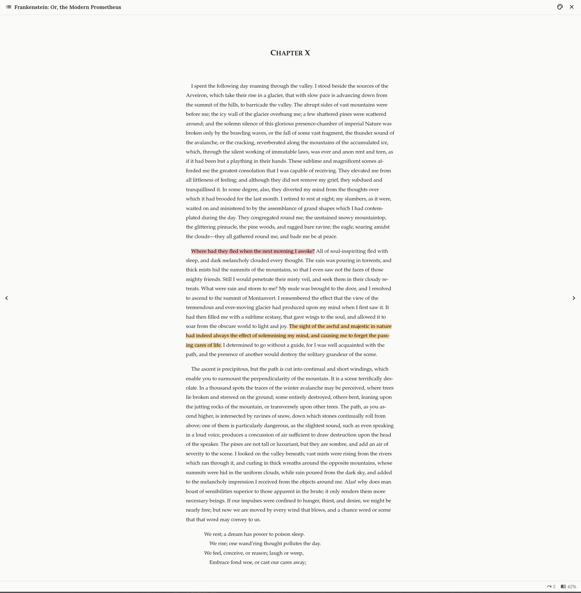 The web reader showing chapter X of Frankenstein in the browser: two passages highlighted in place, one in pink and one in orange, the book's title and a contents button in the top bar, page-turn arrows at either edge, and pages left in the chapter and percent read in the footer.