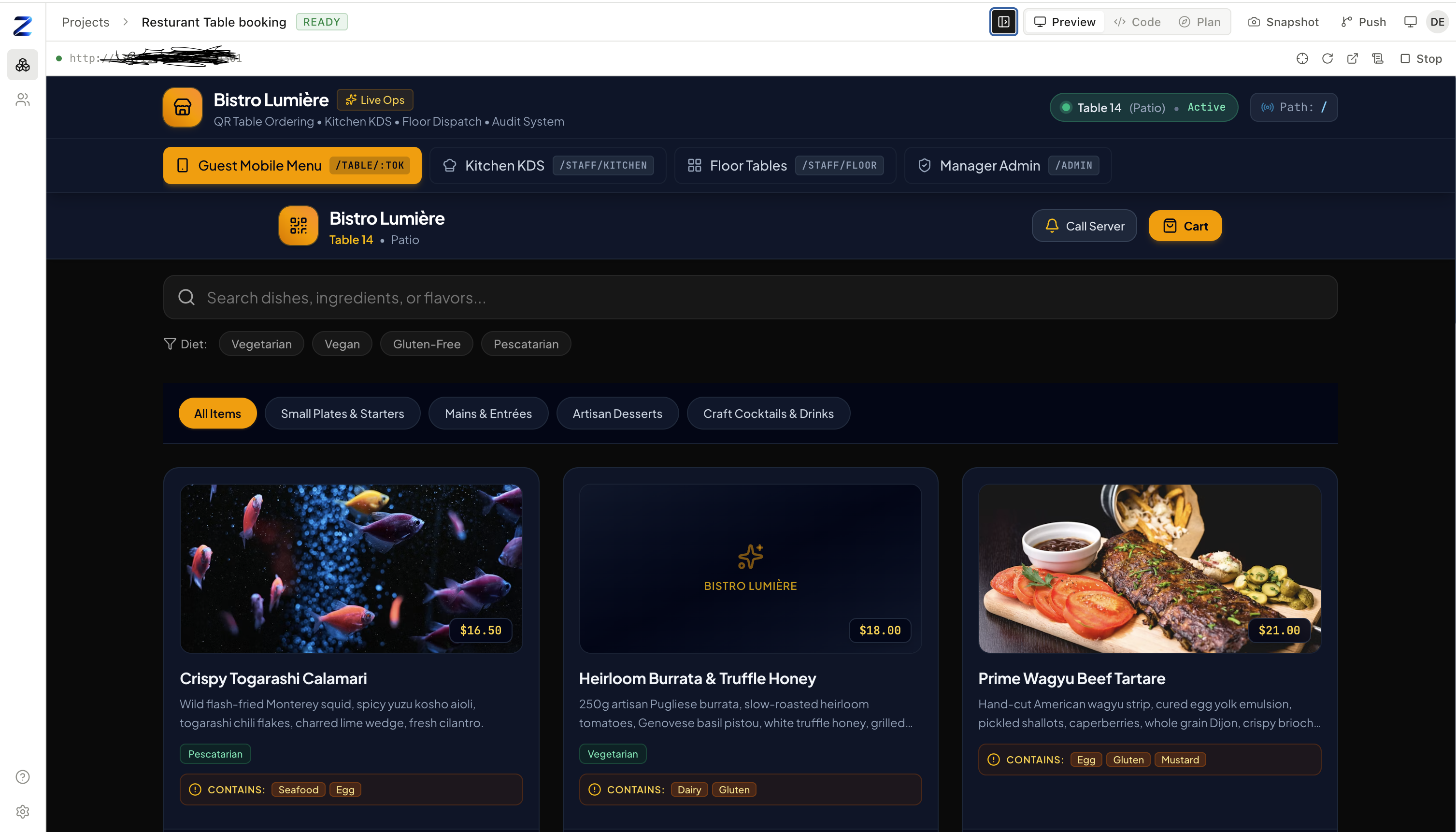 The same restaurant ordering menu after the Designer agent applied its DESIGN.md — a coherent dark surface system, the amber accent carried through consistently, real card elevation, and tighter typography