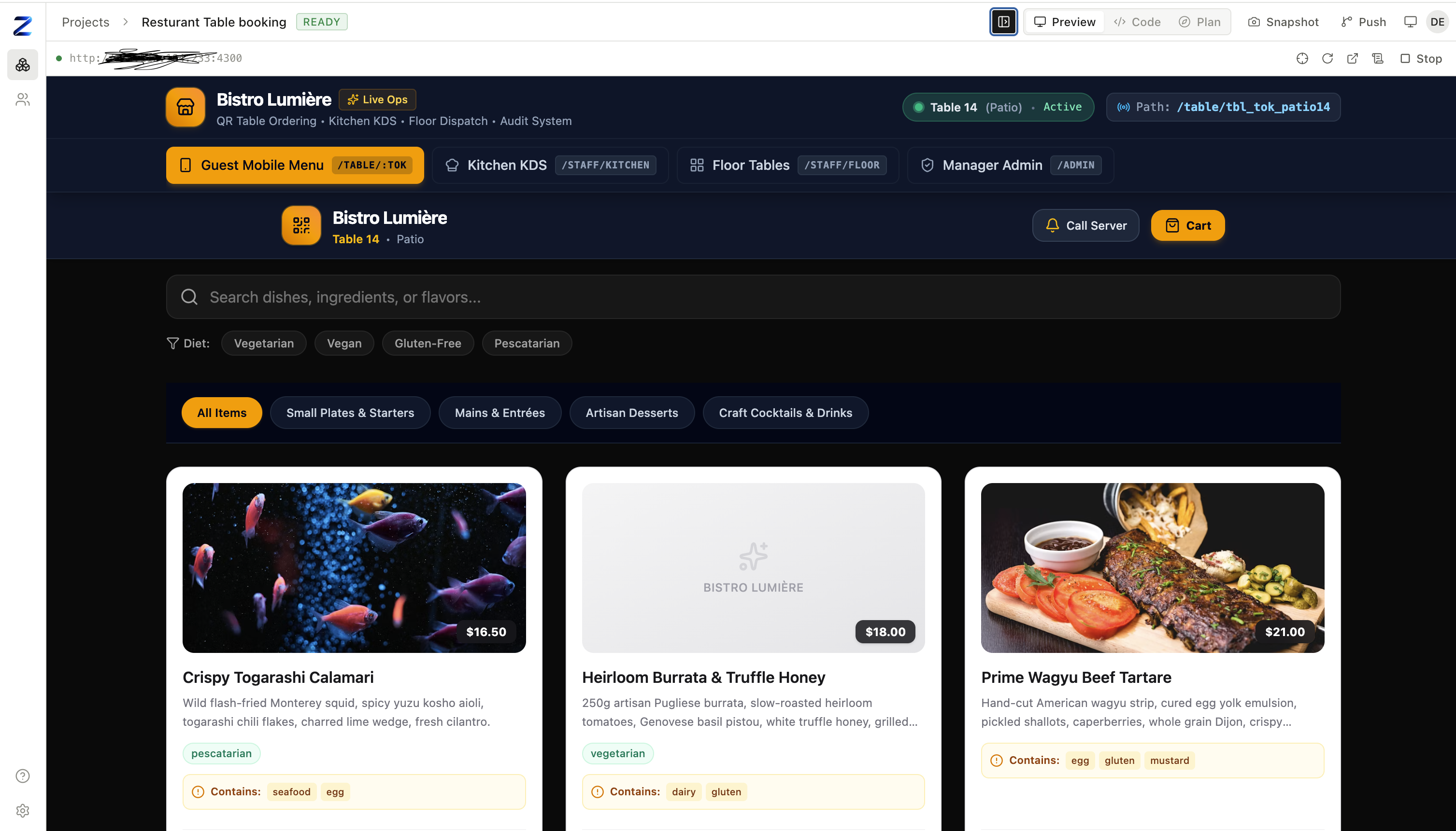 A restaurant table-booking system built by the Zelyq agent — guest mobile ordering menu with dietary filters and allergen labels — as the build left it: working, but with flat white cards and no consistent visual system