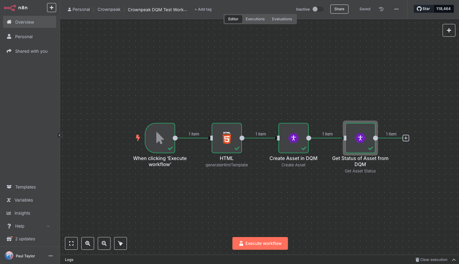 A basic workflow example using n8n Crownpeak DQM Node A basic workflow example using n8n Crownpeak DQM Node