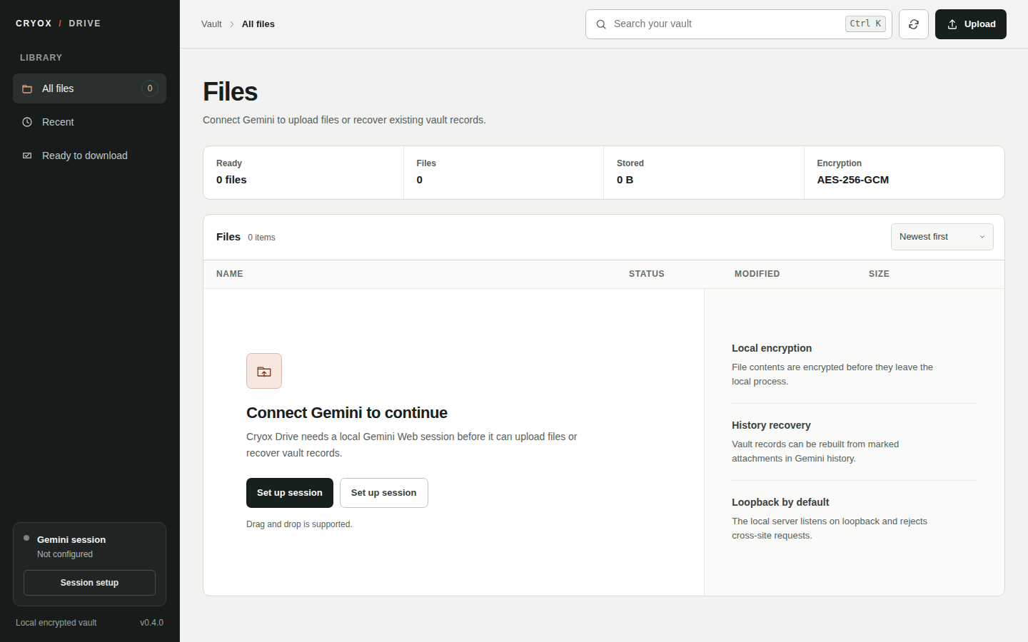 Cryox Drive file vault interface