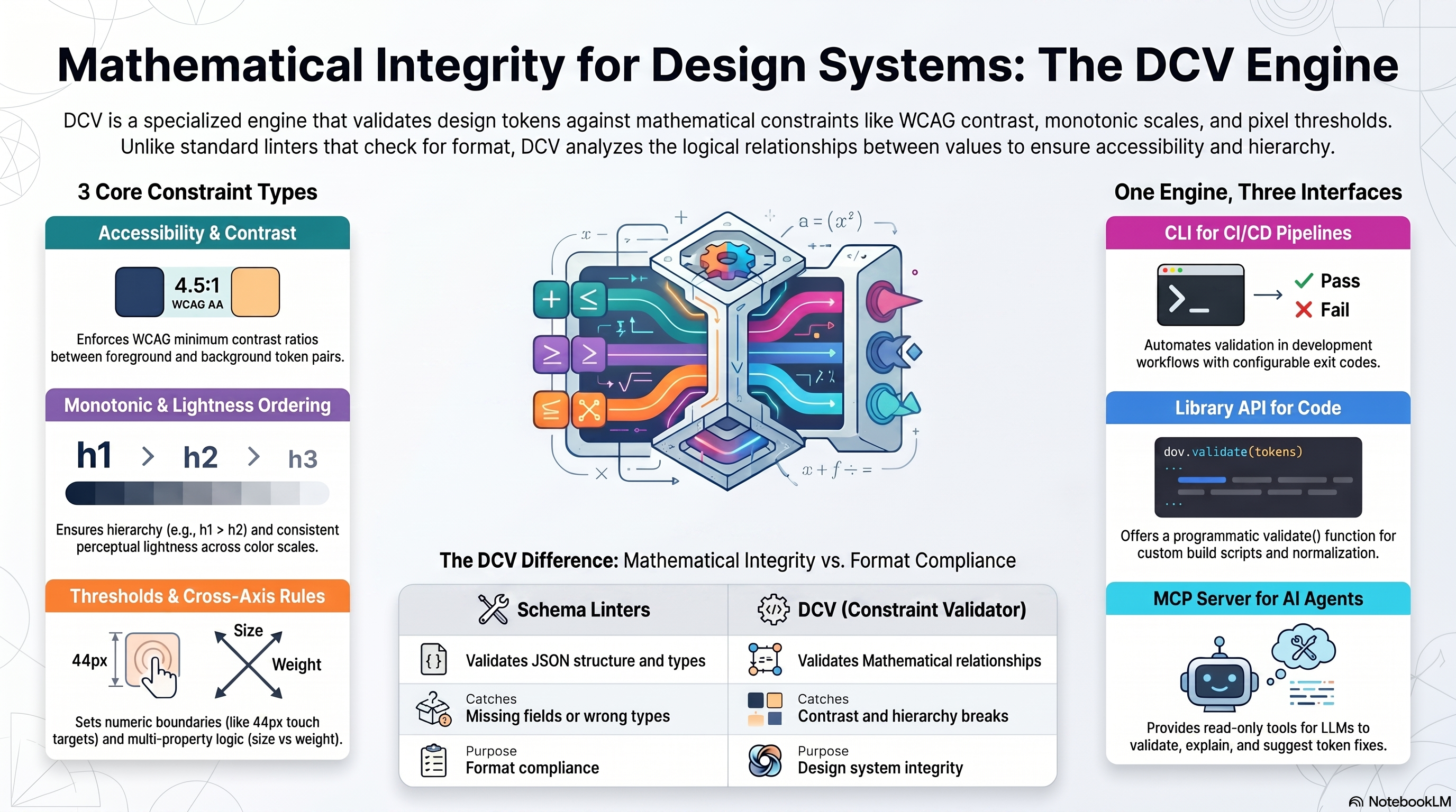 Mathematical Integrity for Design Systems — the DCV engine: the three core constraint types (accessibility & contrast, monotonic & lightness ordering, thresholds & cross-axis rules), one engine with three interfaces (CLI, library API, MCP server), and the difference between schema linters (format compliance) and DCV (mathematical relationships / design-system integrity).
