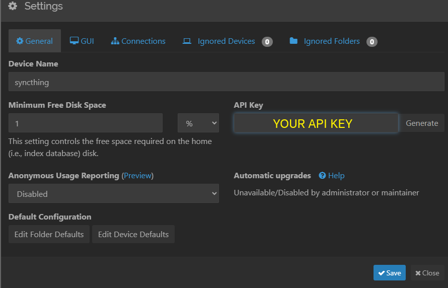 Syncthing API key location