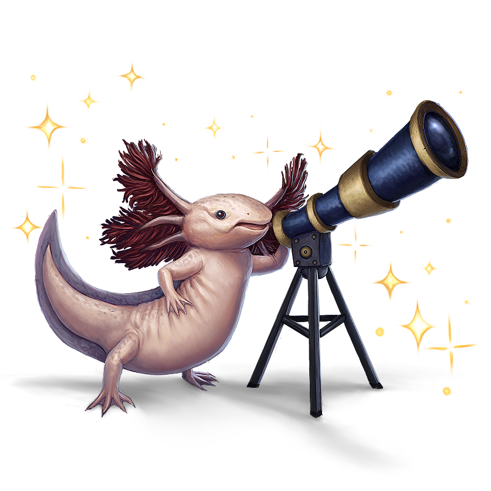 Lulu the First, a pink axolotl striking a heroic pose while gazing at a field of stars through a telescope