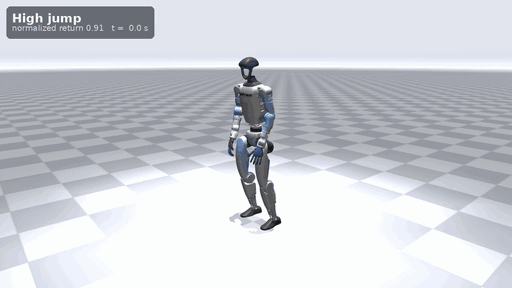 Simulation · one full BONES-SEED policy across jumps, spins, hops and get-ups