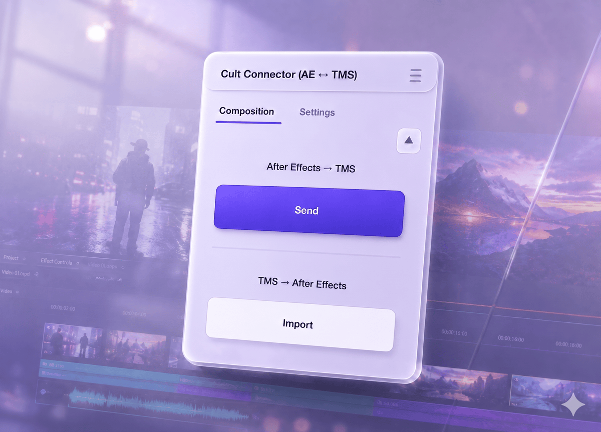 Cult Connector (AE ↔ Crowdin) over a motion workspace — Send and Import