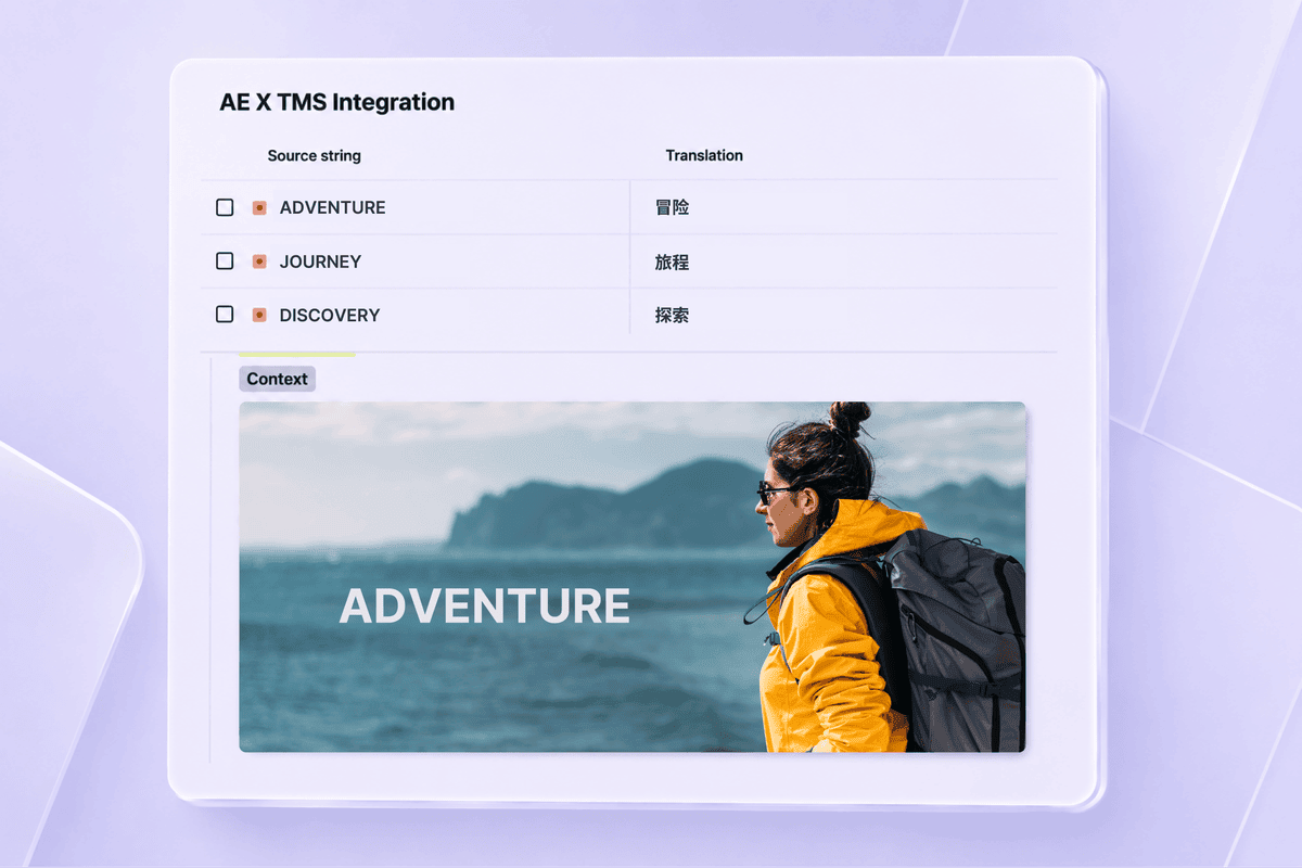 AE × TMS integration — source strings, translations, and visual context preview