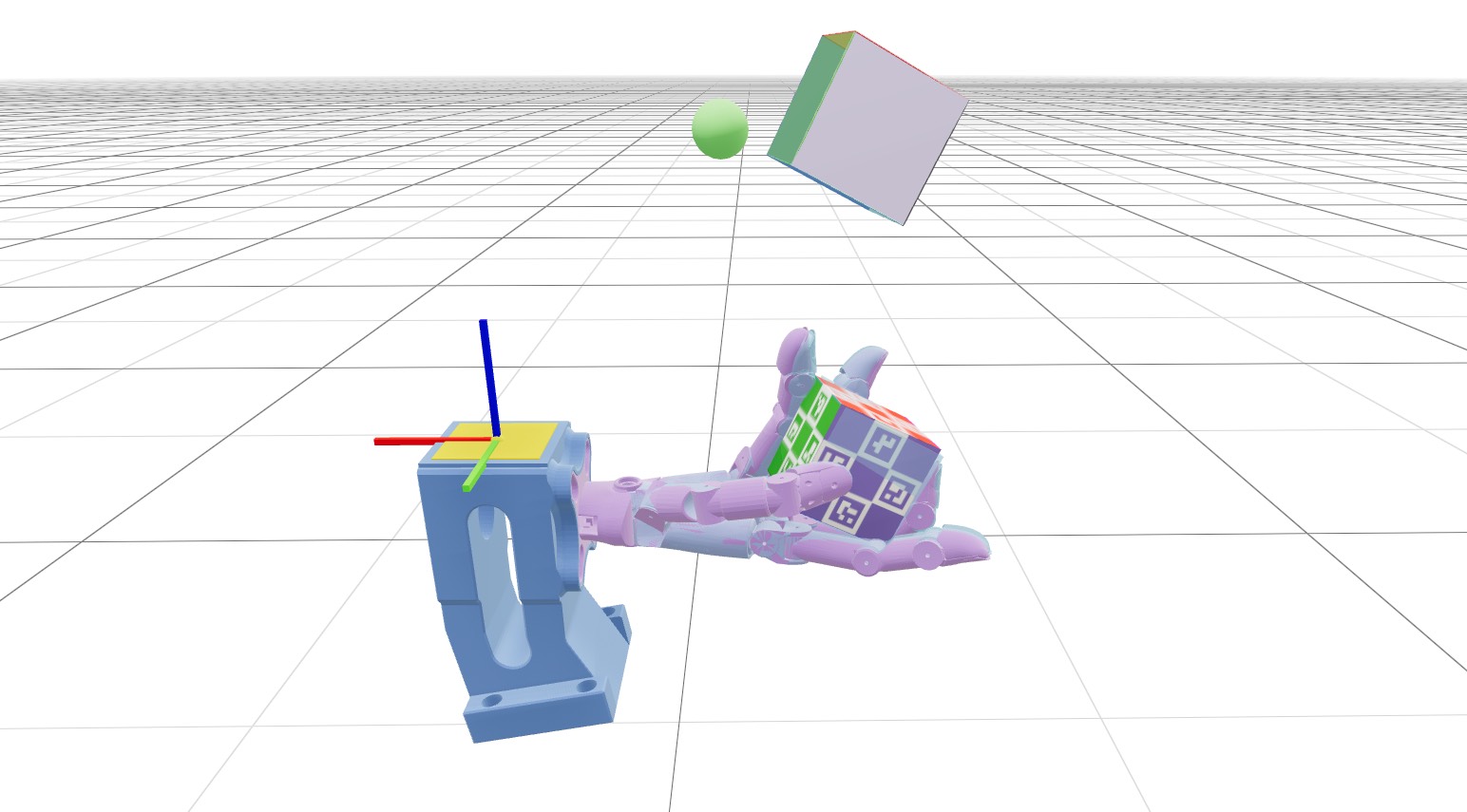 Simulation screenshot · Wuji Hand 2 cube reorientation