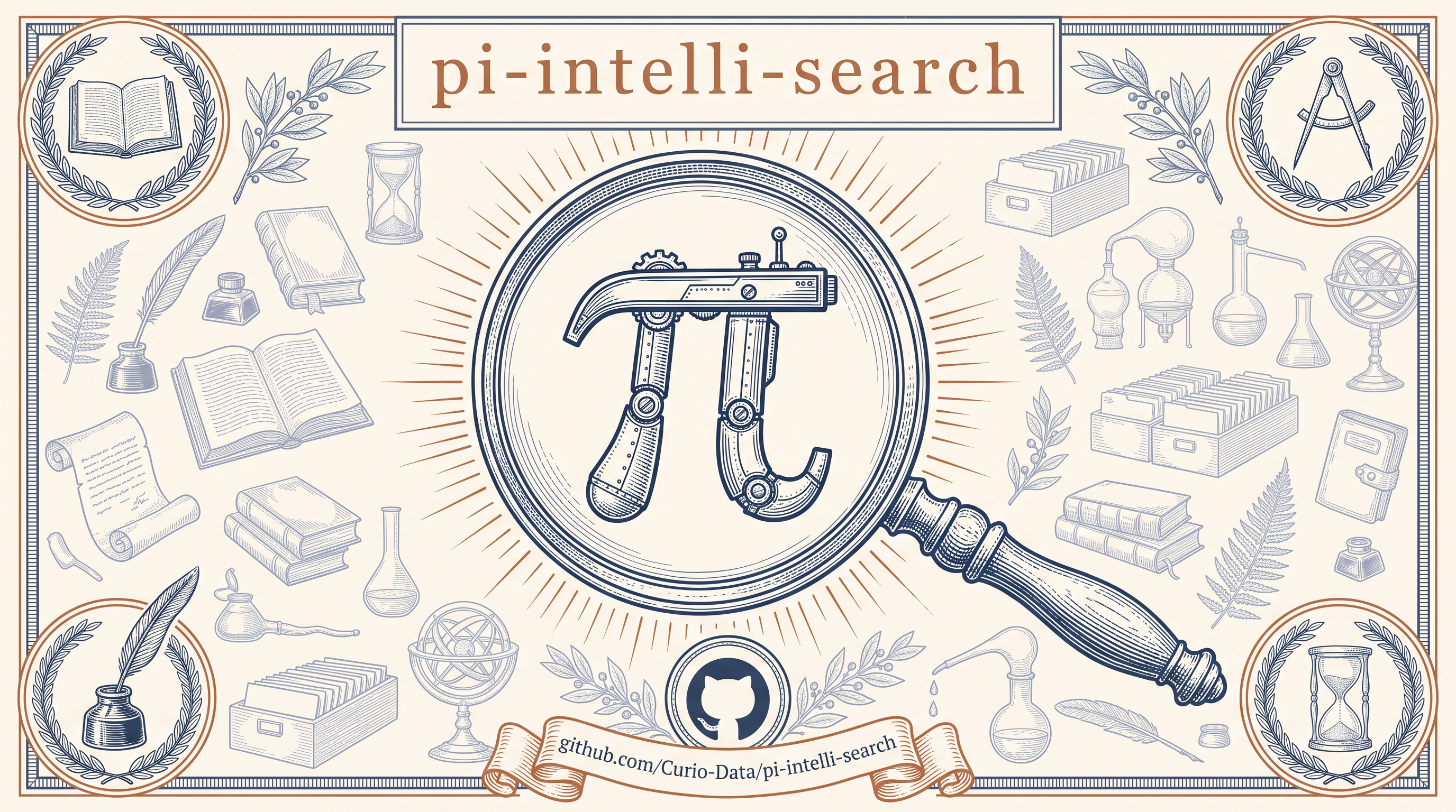 Vintage engraving-style banner for pi-intelli-search. A large magnifying glass dominates the centre, revealing a mechanical Pi symbol constructed from metal plates, rivets, and gears. The title "pi-intelli-search" appears in copper serif lettering at the top. Surrounding the magnifying glass are pen-and-ink scholarly motifs in laurel-wreath medallions: open books, quill pens and ink bottles, hourglasses, armillary spheres, distillation apparatus, and filing boxes. A GitHub logo and the repository URL sit on a ribbon at the bottom.