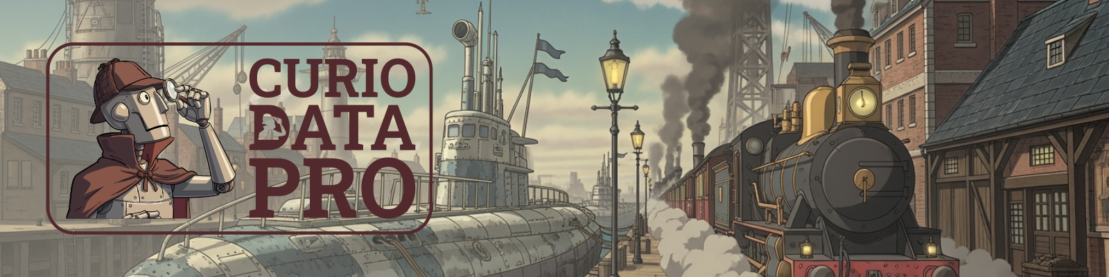 Banner image for "Curio Data Pro." A cartoon robot detective in a deerstalker hat and brown cape peers through binoculars on the left, beside a bordered logo reading "CURIO DATA PRO" in dark red serif type. The background is a stylised steampunk harbour scene featuring a docked submarine, a steam locomotive pulling into a quayside station, gas street lamps, industrial cranes, and brick warehouses under a hazy sky.
