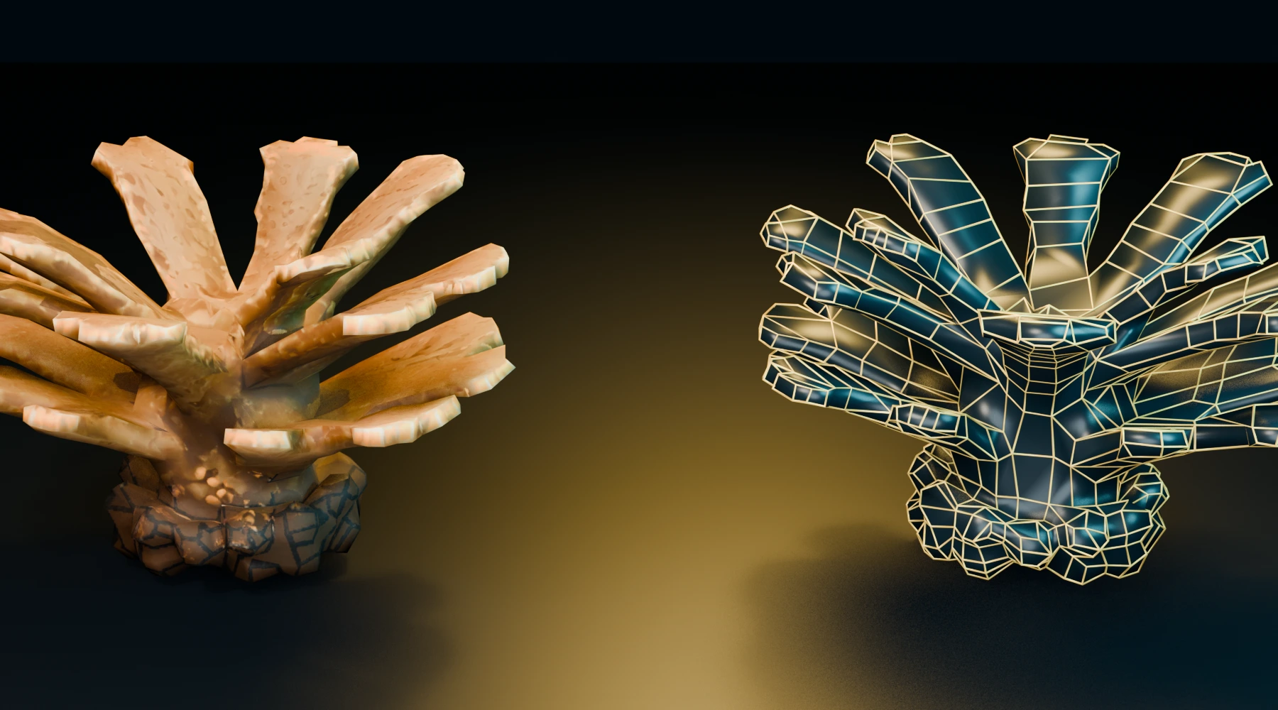 Shipwreck Discovery coral PBR result beside validated real-time retopology
