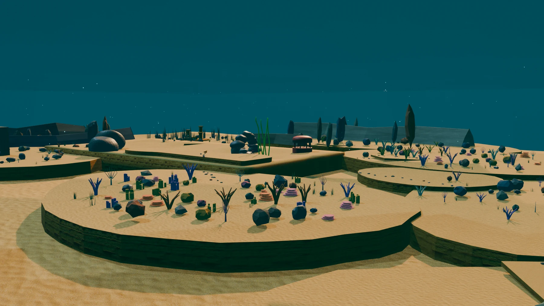 Wide Blender render of the Tidefront underwater reef environment