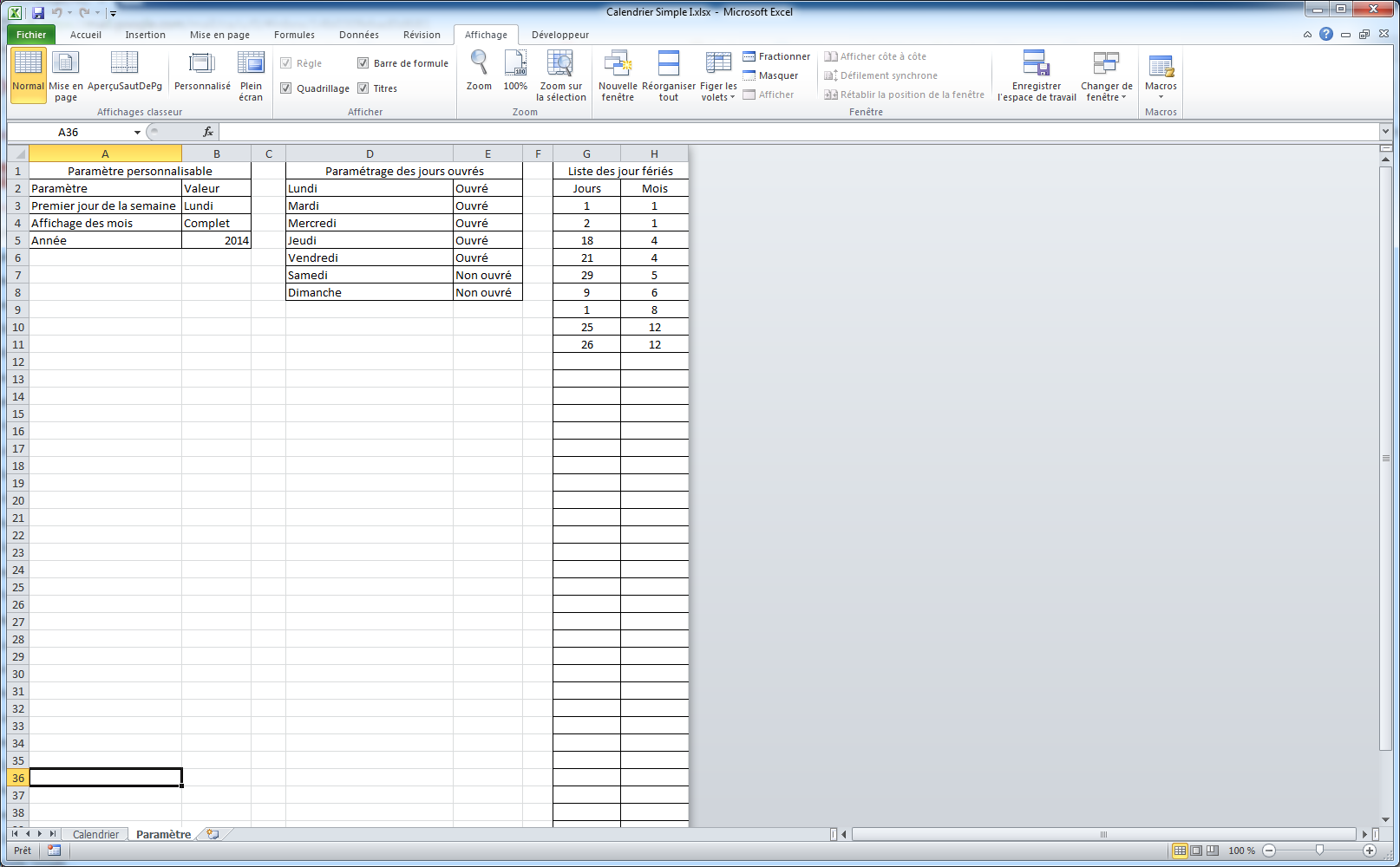 Vue des paramètres d'affichage