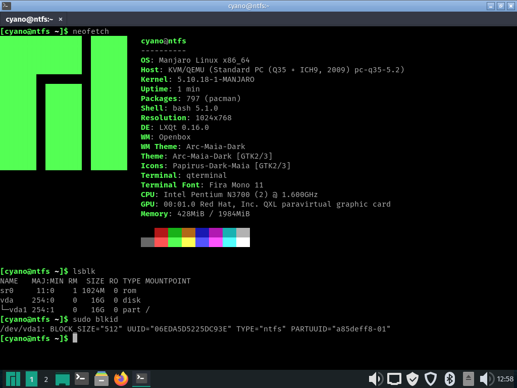 Screenshot: Manjaro installed to NTFS