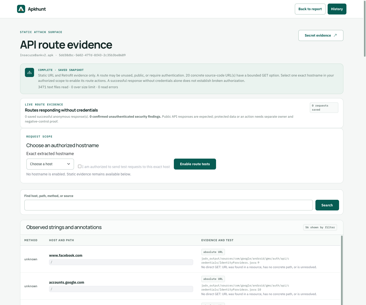 Apkhunt API route evidence with no hostname enabled for live tests