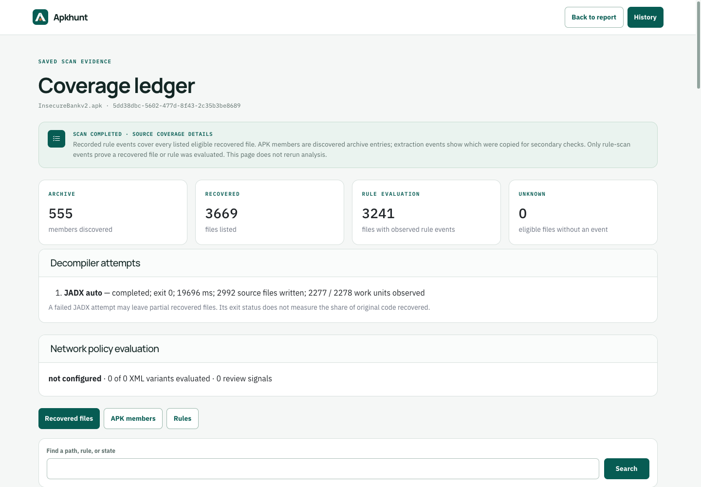 Apkhunt coverage ledger showing archive members, recovered files, rule evaluations, and decompiler attempts