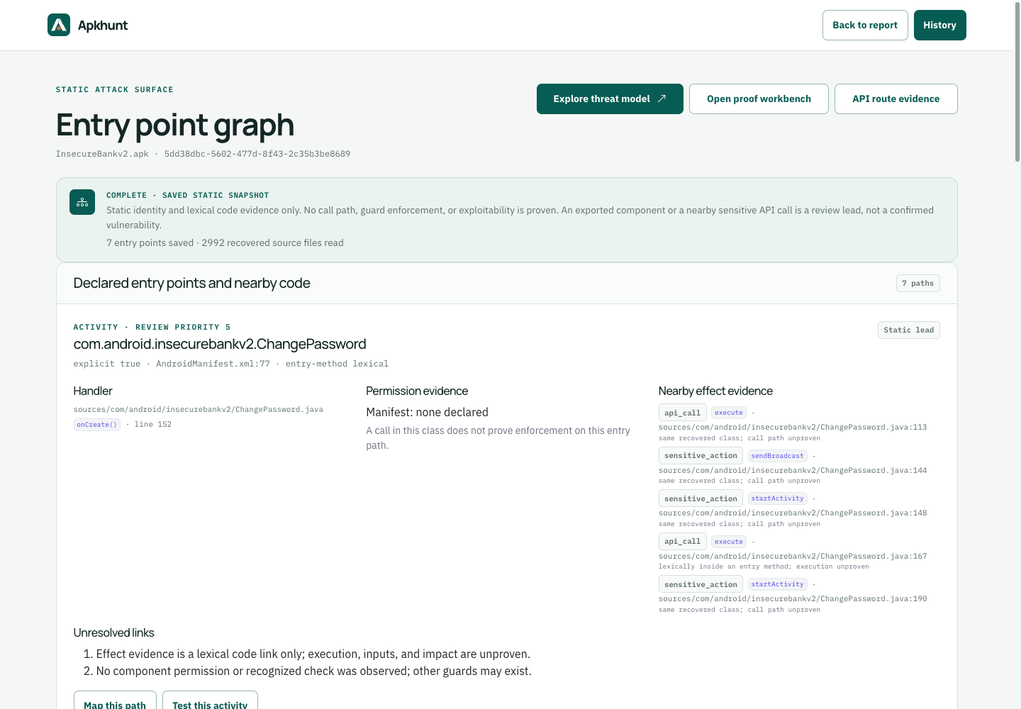 Apkhunt entry point graph showing an exported activity and nearby code evidence