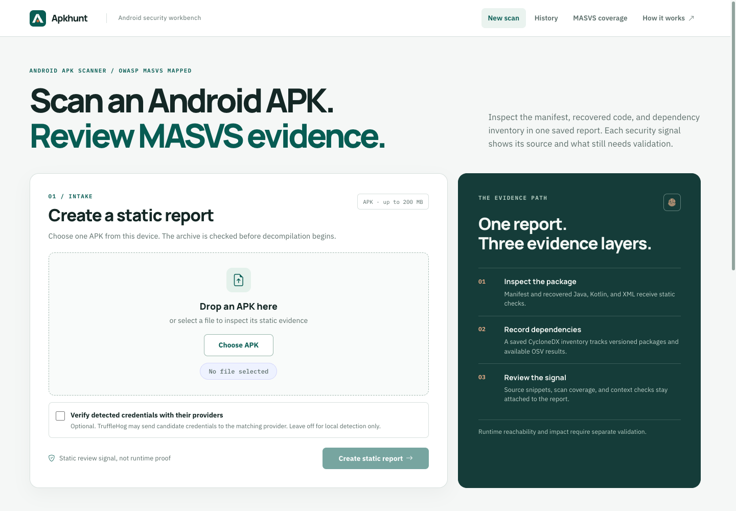 Apkhunt scan intake with APK upload and evidence overview