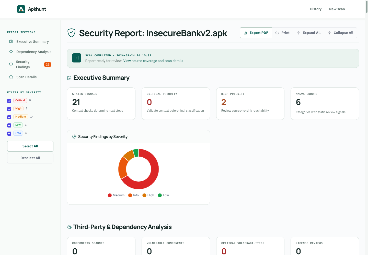 Apkhunt saved report overview for the InsecureBankv2 sample APK