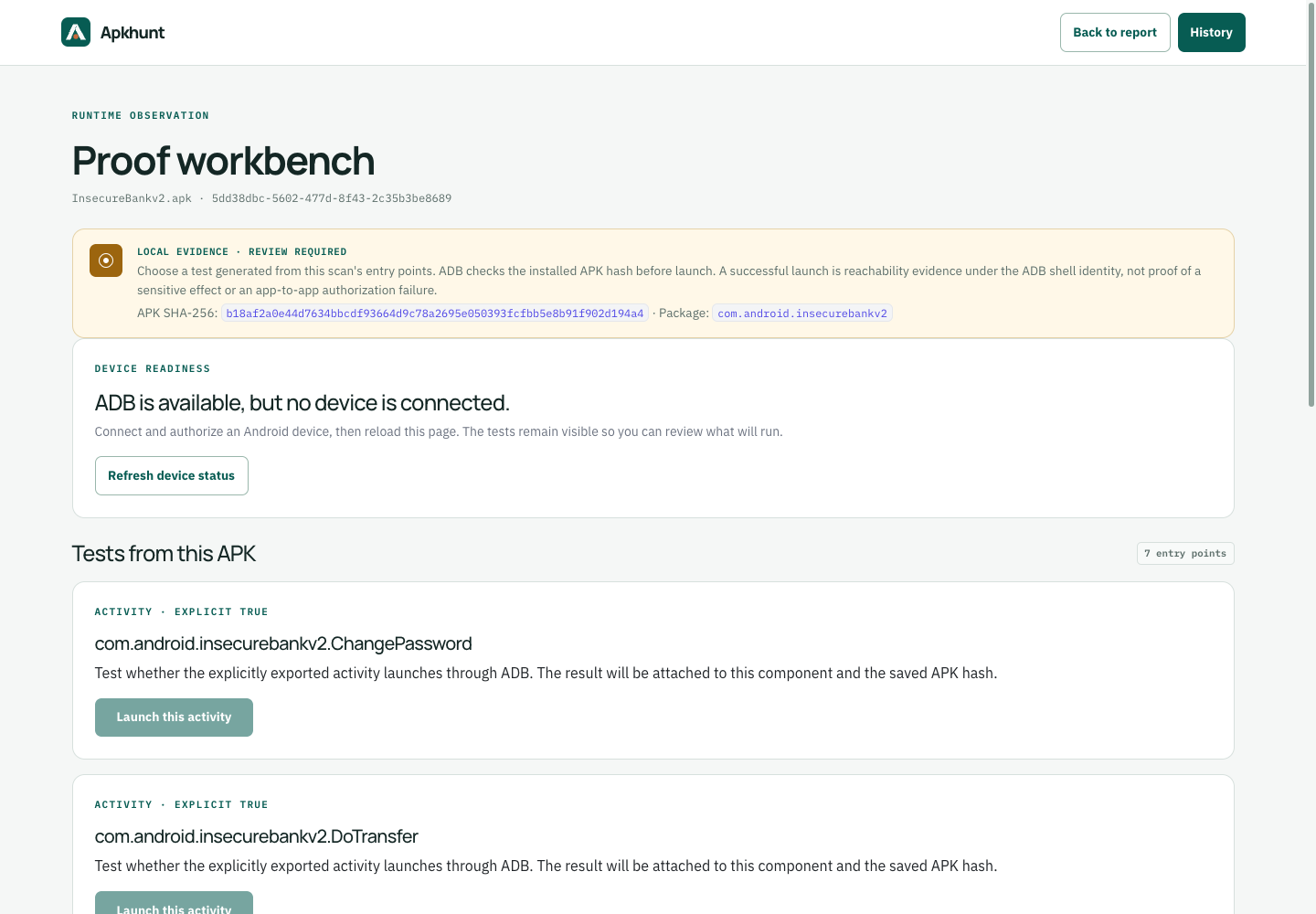 Apkhunt proof workbench showing device readiness and activity launch tests