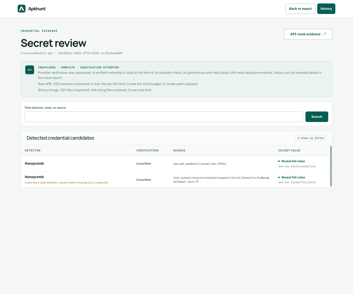 Apkhunt secret review showing unverified candidates with values collapsed