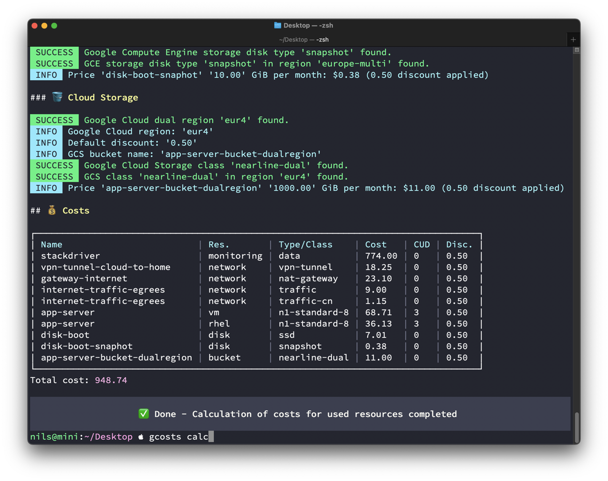 Screenshot: gcosts CLI program