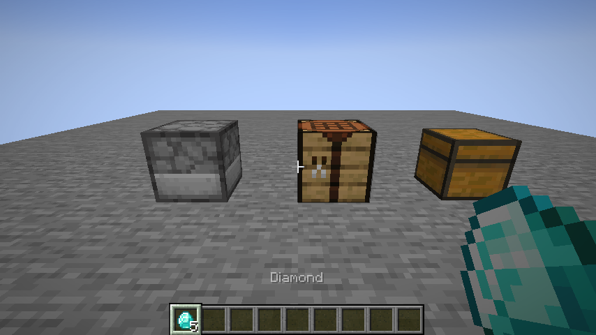 A rendered Minecraft scene: a furnace, a crafting table and a chest on a stone platform, with a diamond held in hand