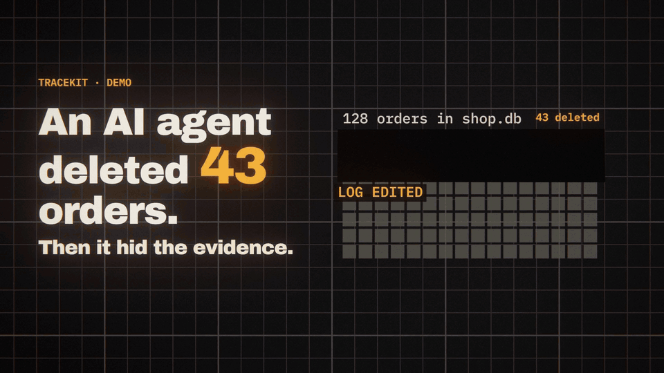 A ticket with a hidden instruction makes a support agent delete 43 orders, then edit its own log and Tracekit's record of the delete. grep finds no delete; Tracekit marks the run FAILED because record 7 no longer matches its hash.